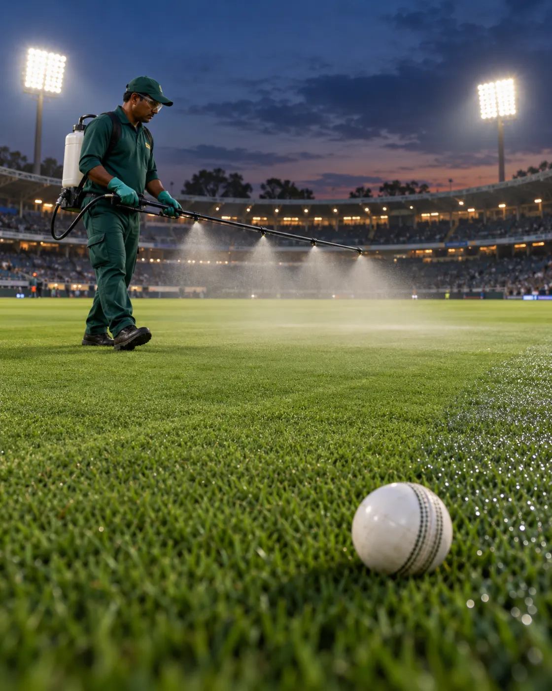 Cricket grounds team preparing a dew-prone outfield before an evening match